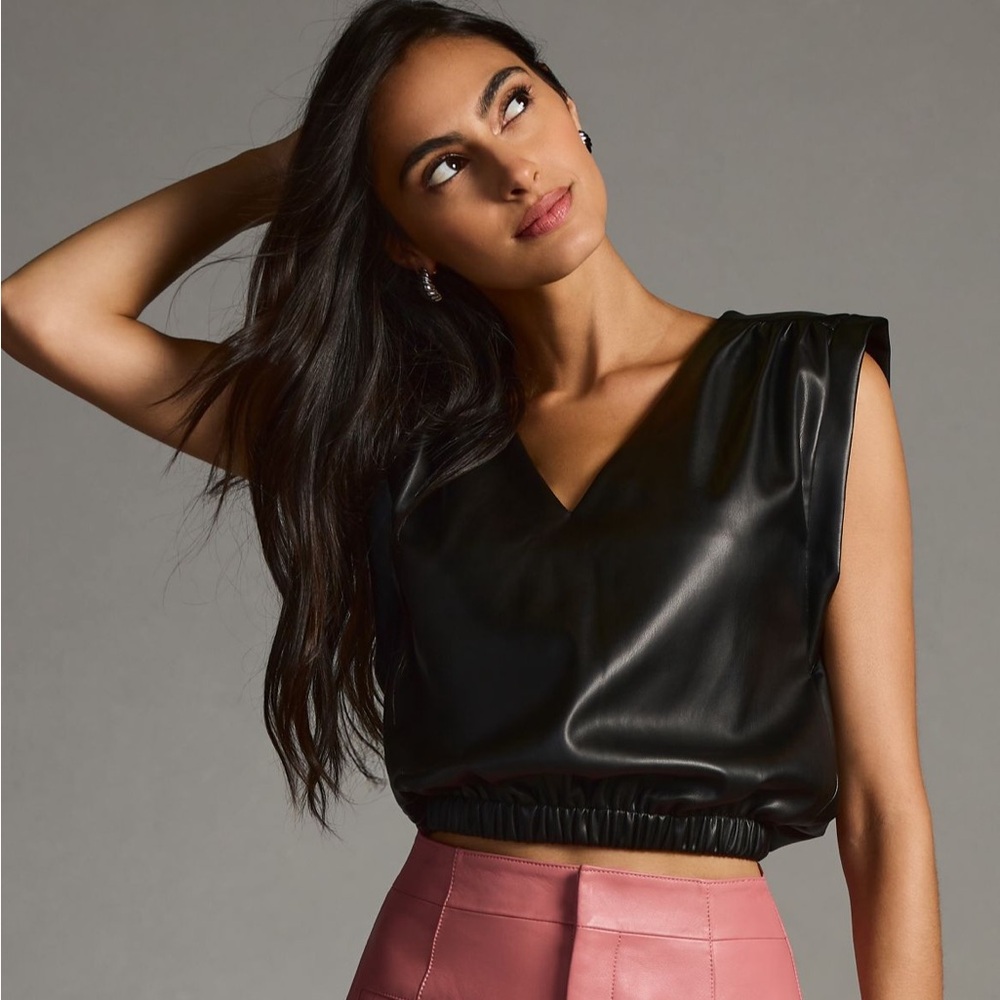 LIKE NEW - Anthropologie Bishop + Young Faux-Leather V-Neck Crop Top